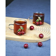 Qualitev 2'li Kirazlı Cam Mini Kupa Kiraz Çay Bardağı 130 ml Kahve Fincanı Yılbaşı