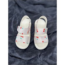 Rexba Kız Çocuk Kiraz Baskılı Sandalet Rahat Cırt Cırtlı Açık Burun Beyaz Plastik