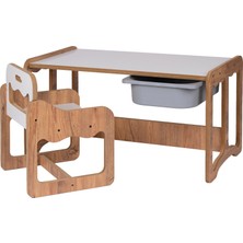 Industrial Living Montessori Tek Kişilik Masa Sandalye Takımı, 18MM Ceviz-Beyaz Mdf, Gri Çekmeceli, Tek Kişilik Aktivite Masası