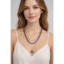 Solare Accessories Lacivert Kristal Taşlı Altın Kaplama Yonca Figürlü Çoklu Kolye