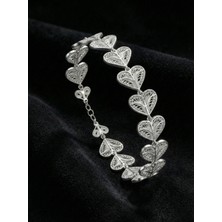 Roza Silver 925 Ayar Geleneksel Telkari Sıralı Kalp Motifli Elişi Gümüş Bileklik (Ayarlanabilir)