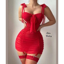Intive Lingerie Miss Bella Tamamı Tülden Askıları Feminen Kurdeleli Jartiyerli Mini Gecelik (Dantelsiz File Çoraplı)