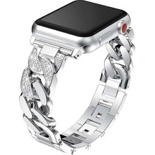 Alstrap Apple Watch 11-10(46MM) 9 8 7(45MM) 6 5 4 SE(44MM) Uyumlu Taş Detaylı Lüks Zincir Bileklik Kayış