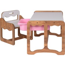 Industrial Living Montessori Tek Kişilik Masa Sandalye Takımı, 18MM Ceviz-Beyaz Mdf, Pembe Çekmeceli, Tek Kişilik Aktivite Masası