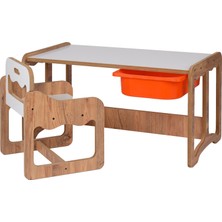 Industrial Living Montessori Tek Kişilik Masa Sandalye Takımı, 18MM Ceviz-Beyaz Mdf, Kırmızı Çekmeceli, Tek Kişilik Aktivite Masası
