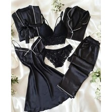 Çeyize Dair Herşey Perla Nera Ipek Saten Siyah 6 Parça Pijama Gecelik Gelin Çeyiz Seti