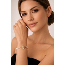 Solare Accessories Zirkon Taşlı Yonca Figürlü Inci Bileklik