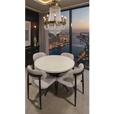 Fursimo Arba Seri Yuvarlak Mdf Yemek Masası Takımı – 4 Sandalyeli | Beyaz Traverten Desen 1. Sınıf Membran Kaplama | Metal Ayak | 100 → 140 cm Açılabilir