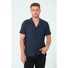 Polo State Erkek Waffle Dokulu Resort Yaka Regular Fit Kısa Kollu Lacivert Gömlek