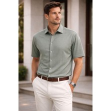 Polo State Erkek Kısa Kollu Kendinden Desenli Dokulu Slim Fit Gömlek Yeşil