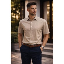 Polo State Erkek Kısa Kollu Kendinden Desenli Dokulu Slim Fit Gömlek Bej