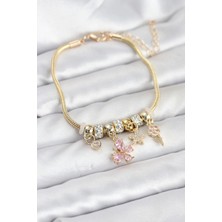 Skygo Pirinç Gold Renk Pembe Kelebek Charmlı Kadın Bileklik