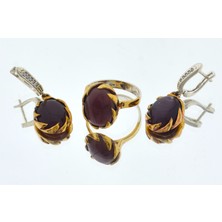 Hit Dükkan Otantik El Işçiliği Gümüş Bronz Kahverengi Taşlı Küpe Yüzük Kadın Takı Seti MOD88