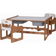 Bees Store Montessori 2 Kişilik Masa Sandalye Takımı, 18MM Ceviz-Beyaz Mdf, Gri Çekmeceli, Çift Kişilik Aktivite Masası