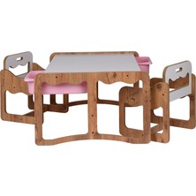 Bees Store Montessori 2 Kişilik Masa Sandalye Takımı, 18MM Ceviz-Beyaz Mdf, Pembe Çekmeceli, Çift Kişilik Aktivite Masası