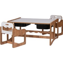 Bees Store Montessori 2 Kişilik Masa Sandalye Takımı, 18MM Ceviz-Beyaz Mdf, Siyah Çekmeceli, Çift Kişilik Aktivite Masası
