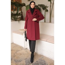 İmaj Butik Bordo Kruvaze Yaka Astarlı  Kaşe Kaban