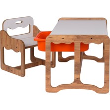 Bees Store Montessori Tek Kişilik Masa Sandalye Takımı, 18MM Ceviz-Beyaz Mdf, Turuncu Çekmeceli, Tek Kişilik Aktivite Masası