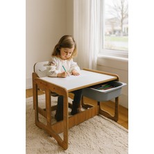Bees Store Montessori Tek Kişilik Masa Sandalye Takımı, 18MM Ceviz-Beyaz Mdf, Gri Çekmeceli, Tek Kişilik Aktivite Masası