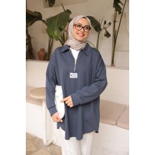 İmaj Butik Antrasit Yarım Fermuarlı Armalı Dikiş Detaylı Modal Tunik