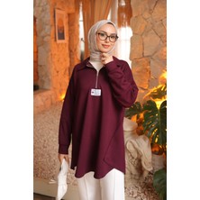 İmaj Butik Mürdüm Yarım Fermuarlı Armalı Dikiş Detaylı Modal Tunik