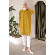 İmaj Butik K. Yağyeşili Salaş Kalıp Uzun Boy Triko Tunik