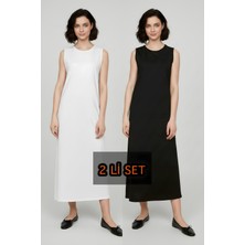 İmaj Butik Ekru - Siyah 2'li Paket Kombinezon Içlik Elbise Astarı