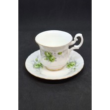 Fransız Limoges Yeşil Gül Bone China Porselen Duble Kahve Fincanı ve Tabağı 2 Parça 120 ml