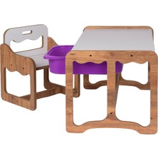 Bees Store Montessori Tek Kişilik Masa Sandalye Takımı, 18MM Ceviz-Beyaz Mdf, Lila Çekmeceli, Tek Kişilik Aktivite Masası