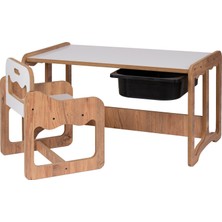 Bees Store Montessori Tek Kişilik Masa Sandalye Takımı, 18MM Ceviz-Beyaz Mdf, Siyah Çekmeceli, Tek Kişilik Aktivite Masası