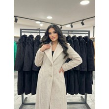 Ribana Classic Kadın Ceket Yaka Kürklü Yakası Düğme Detaylı Astarlı Kuşaklı Uzun Kaban