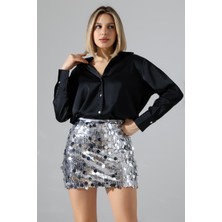 Lokadi Kadın Pul Payet Şortlu Siyah Mini Etek