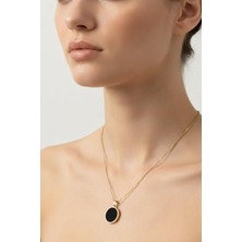 Pukka Accessories Kişiye Özel Lazer Kazımalı Yuvarlak Siyah Taşlı Gold Kolye