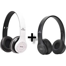Gunkes 2 Adet P47 Extra Bass Wireless Bluetooth Kafa Üstü Kulaklık Beyaz - Siyah