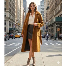 Yake 8032 Kuşaklı Rahat Kalıp Düğmesiz Cep Detaylı Kaşe Kaban Tarçın