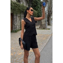 Yelek Şort Flamlı Keten Takım 10133-17