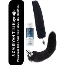 Aşkın Deposu Siyah Tilki Kuyruğu Paslanmaz Çelik Anal Plug 8cm 40 cm Boyunda 50 ml Sade Jel Hediyeli