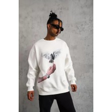 Erkek Güvercin Baskılı Sweatshirt - Beyaz