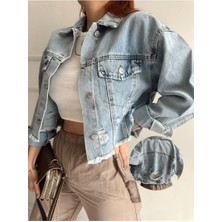 Kadın Lokadi Buz Mavi Lazerli Denim Ceket Uzun Kol Oversize Düğmeli Günlük Kullanım İçin