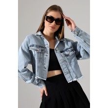 Lokadi Kadın Oversize Buz Mavi Düz Denim Ceket Astarsız Uzun Kol Düğmeli