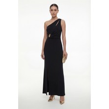 Lafaba Kadın Siyah Tek Omuz Aksesuar Detay Maxi Şık Elbise