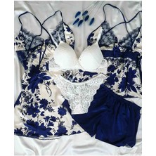 Çeyize Dair Herşey Lacivert Ipek Saten 5 Li Çeyizlik Gecelik Set Çiçek Desenli Normal Bel Özellikli Kadın İç Giyim