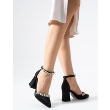 Yarenin Ayakkabıları Siyah Saten Bilekten ve Önden Taşlı Topuklu Ayakkabı