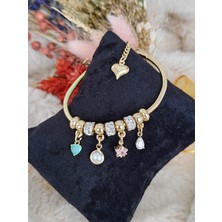 Tuel Gold Detaylı Mavi Taşlı Çelik Charm  Bileklik