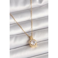 Stainles Steel 316L Çelik Gold Renk Zincir Zirkon Taşlı Kare Model Kadın Kolye