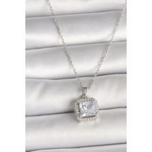 Stainles Steel 316L Çelik Gümüş Renk Zincir Kare Zirkon Taşlı Kadın Kolye