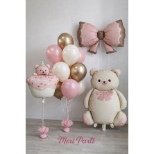 Meri Parti Pastel Pembe Gold Teddy Ayıcık Balon Seti – Cupcake & Fiyonk Figürlü Doğum Günü Konsept Dekoru