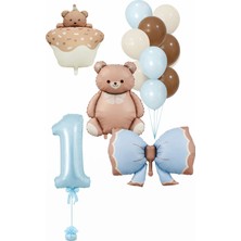 Meri Parti Pastel Teddy Ayıcık Yaş Balon Seti – Baby Shower Mavi & Kahve Konsept