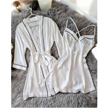 Çeyize Dair Herşey Sunshine Beyaz Ipek Saten Sabahlık Gecelik Takımı