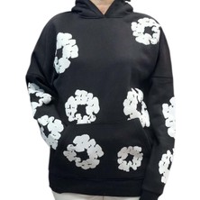 Teras Kadın Siyah Kapüşonlu Owersize Üç Iplik Şardonlu Çiçek Baskılı Sweat Shirt Ksk-Dnm